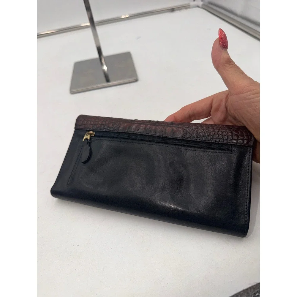 Brahmin Vintage Trifold Wallet Black Leather Brown Crocodile Embossed Snap
